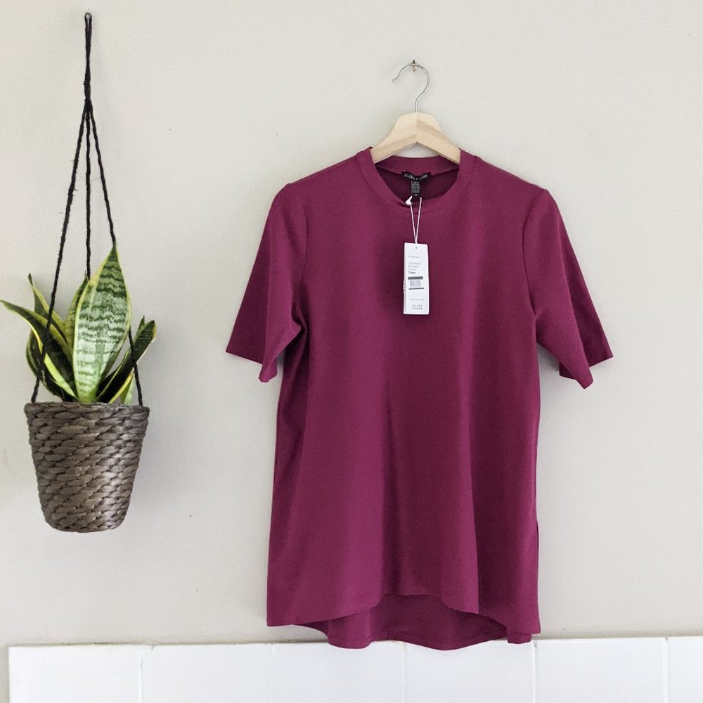 New Eileen Fisher Mock Neck Short Sleeve Crepe Top